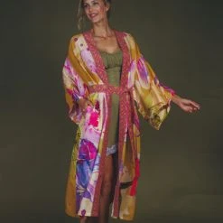 Powder Orchid Kimono Gown - Mustard