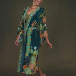 Powder Dark Blue Trailing Wisteria Kimono Gown