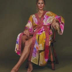 Powder Orchid Kimono Gown - Mustard