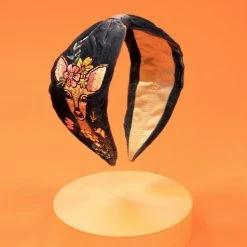 Powder Floral Doe Embroidered Velvet Headband Charcoal